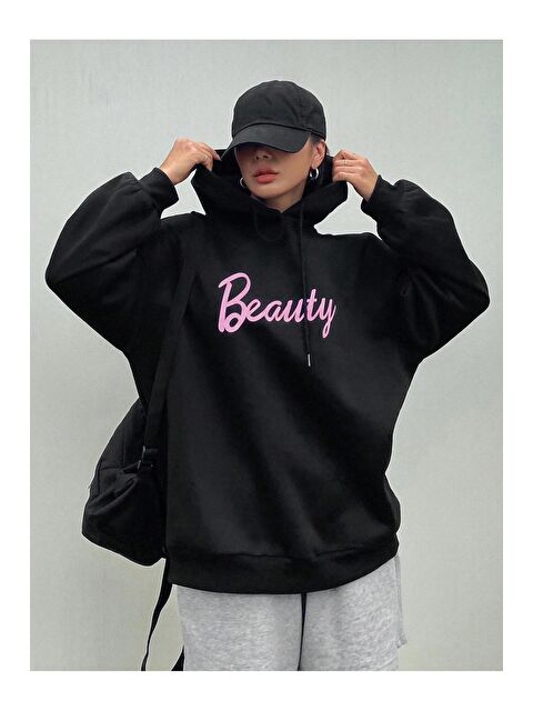 Trendseninle Kadın Siyah Beauty Baskılı Kapüşonlu Sweatshirt - S000107344-19351