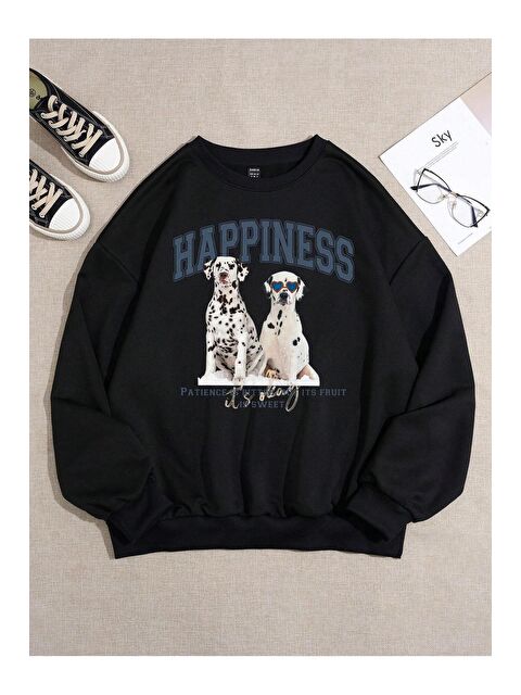 Trendseninle Kadın Siyah Dalmaçyalı Baskılı Bisiklet Yaka Sweatshirt - S000107346-19351