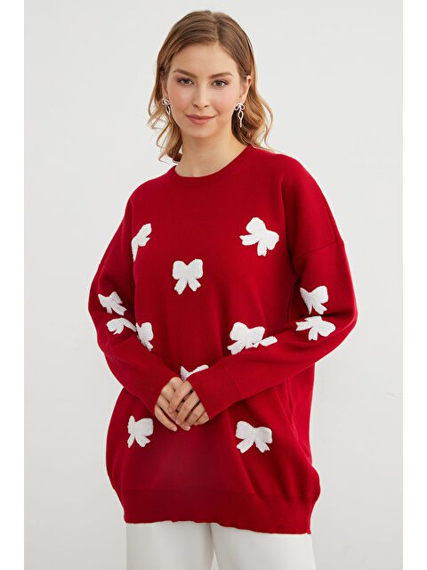 Fullamoda Kurdele Nakışlı Bisiklet Yaka Oversize Triko Kazak - S000432831-20045