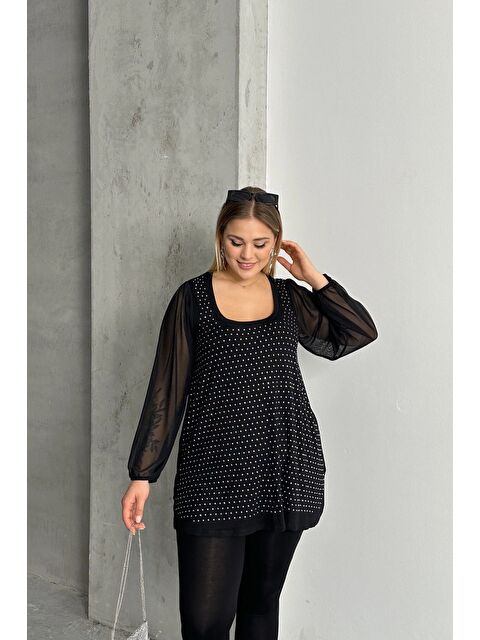 Stil Diva Büyük Beden Uzun Tül Kol Önü Taş İşlemeli Bisiklet Yaka Bluz 321831-U - S000320629-19351