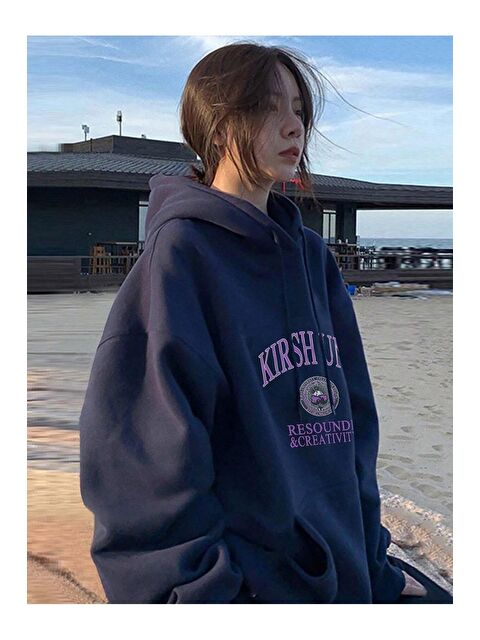 Trendseninle Kadın Lacivert Resounde Creativity Baskılı Kapüşonlu Sweatshirt - S000107352-21164