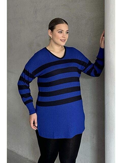 Stil Diva Büyük Beden V Yaka Çizgili Yırtmaç Detaylı İnce Kumaşlı Uzun Bluz 301567 - S000401519-21164