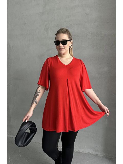 Stil Diva Büyük Beden V Yaka Desensiz Asimetrik Kesim Elastanlı Bluz MDL-5 - S000350556-20045