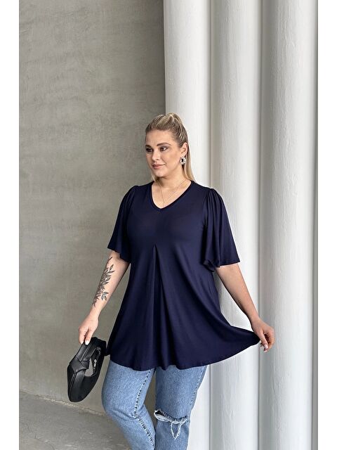 Stil Diva Büyük Beden V Yaka Desensiz Asimetrik Kesim Elastanlı Bluz MDL-6 - S000350544-21164