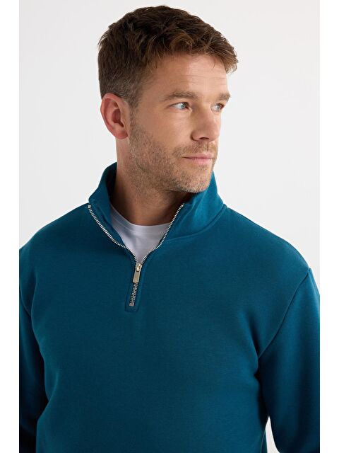 TUDORS Unisex Relax Fit Rahat Kesim Pamuklu İçi Polarlı Yarım Fermuarlı İndigo Dik Yaka Sweatshirt - S000342068-23093