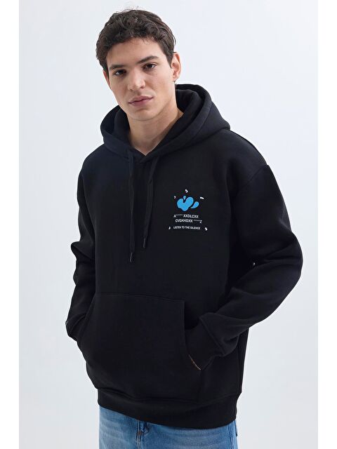 TUDORS Unisex Oversize Geniş Kesim Pamuklu Yumuşak Dokulu İçi Polarlı Baskılı Siyah Kapüşonlu Erkek Hoodie - S000320784-19351