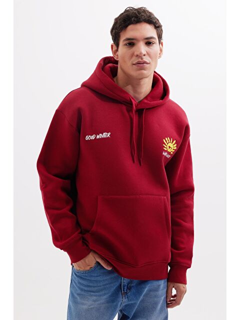 TUDORS Unisex Oversize Geniş Kesim Pamuklu Yumuşak Dokulu İçi Polarlı Baskılı Bordo Kapüşonlu Erkek Hoodie - S000314900-19951