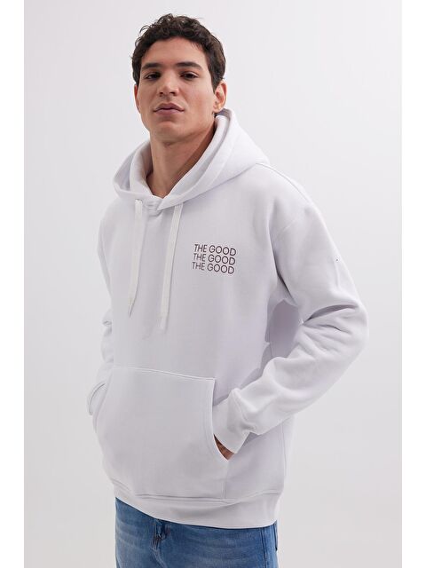 TUDORS Unisex Oversize Geniş Kesim Pamuklu Yumuşak Dokulu İçi Polarlı Baskılı Beyaz Kapüşonlu Erkek Hoodie - S000342081-20063