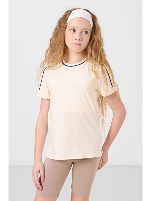 Tommylife Ekru Pamuklu O Yaka Standart Fit Basic Kız Çocuk T-Shirt - 75177