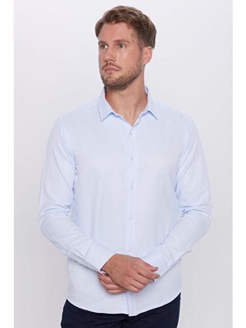 TUDORS Erkek Modern Fit Dar Kesim Pamuklu Kolay Ütü Armürlü Mavi Gömlek - S000273599-17234
