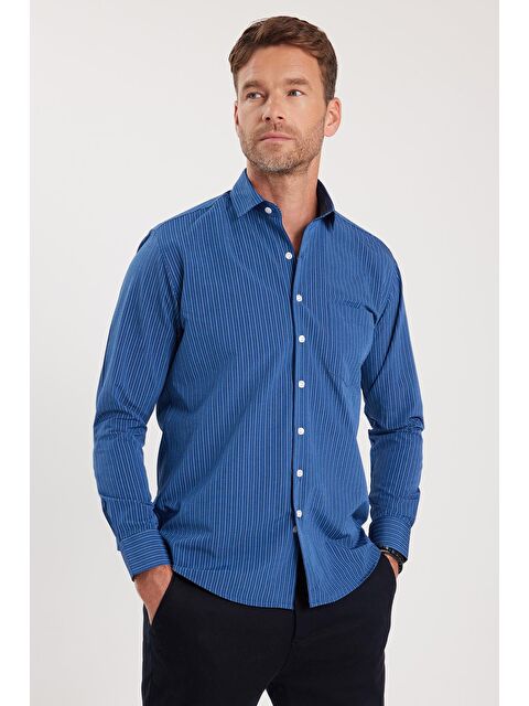 TUDORS Erkek Regular Fit Klasik Kesim İnce Çizgili Pamuklu Kravatlık Yaka Gömlek - S000367437-23173