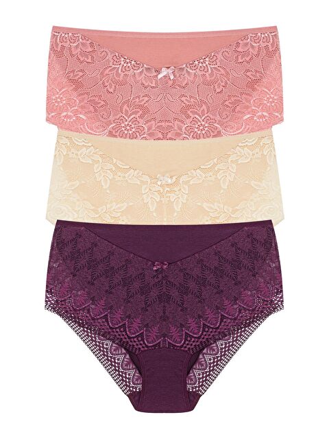 Hnx Önü ve Paçası Dantel Detaylı Büyük Beden Kadın Külot 3'lü - S000046224-37292