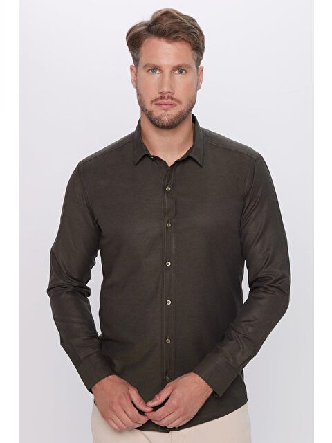 TUDORS Erkek Modern Fit Dar Kesim Pamuklu Kolay Ütü Armürlü Haki Gömlek - S000273575-18547