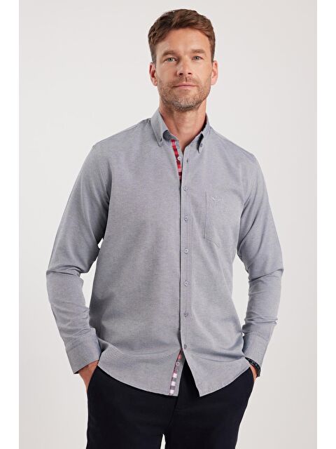 TUDORS Erkek Regular Fit Klasik Kesim Pamuklu Oxford Doku Tek Cepli Gri Düğmeli Yaka Gömlek - S000201639-20600