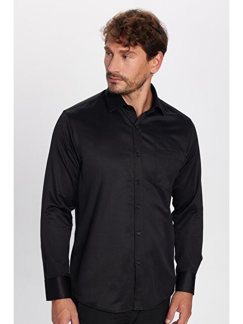 TUDORS Erkek Regular Fit Klasik Kesim Pamuklu Tek Cepli Armürlü Siyah Gömlek - S000269614-19351