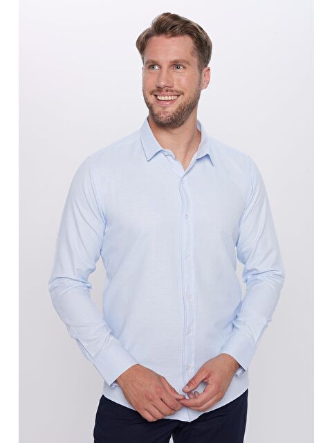 TUDORS Erkek Modern Fit Dar Kesim Pamuklu Kolay Ütü Armürlü Mavi Gömlek - S000273586-17234