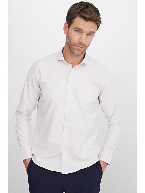 TUDORS Erkek Regular Fit Klasik Kesim Pamuklu Kolay Ütü Armürlü Taş Rengi Gömlek - S000243542-25636