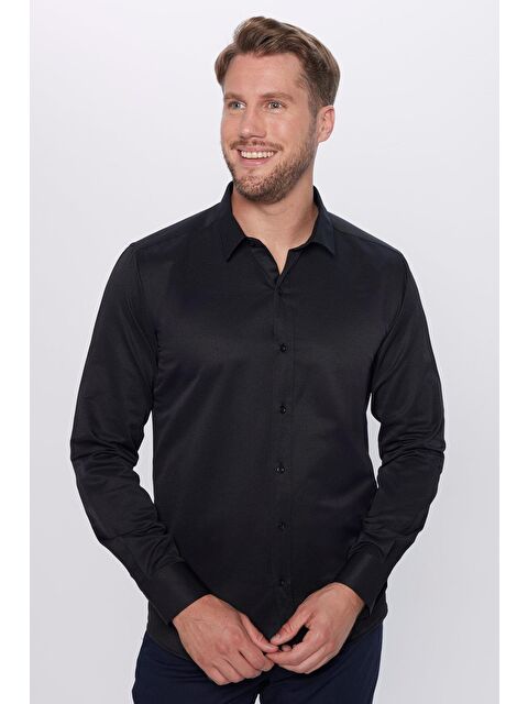 TUDORS Erkek Modern Fit Dar Kesim Pamuklu Kolay Ütü Armürlü Siyah Gömlek - S000273573-19351