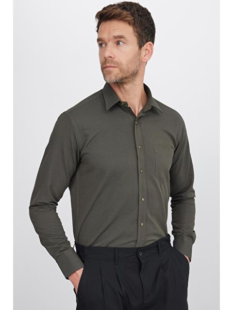 TUDORS Erkek Regular Fit Klasik Kesim Pamuklu Tek Cepli Armürlü Haki Gömlek - S000268605-18547