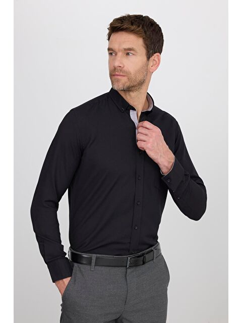 TUDORS Erkek Regular Fit Klasik Kesim Düğmeli Yaka Pamuklu Kolay Ütü Oxford Düz Siyah Gömlek - S000138741-19351