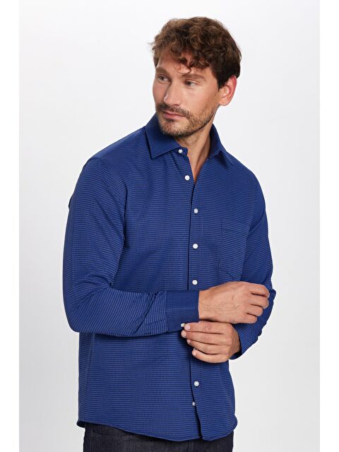 TUDORS Erkek Regular Fit Klasik Kesim Pamuklu Tek Cepli Armürlü Saks Mavi Gömlek - S000269628-23710