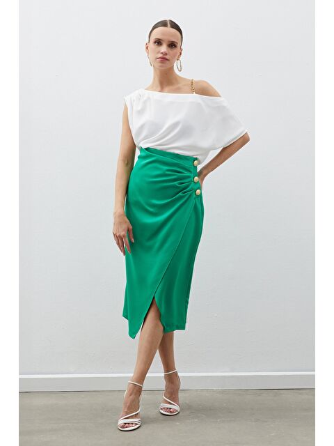 SATEEN Düğme Aksesuarlı Saten Krep Etek - Yeşil - S000324041-18194