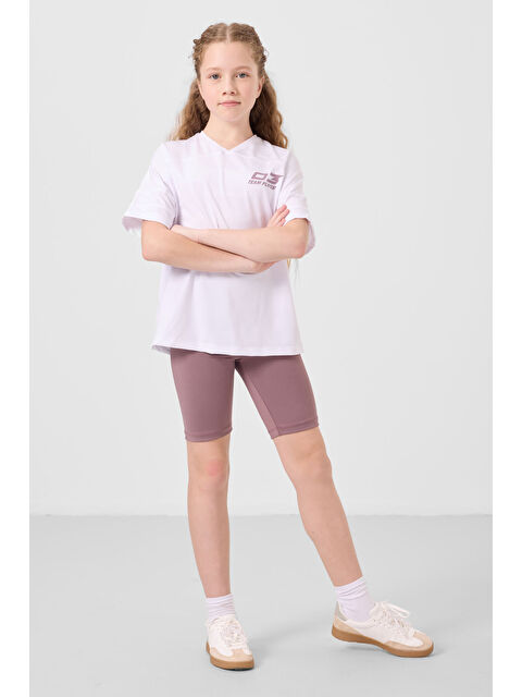 Tommylife Beyaz-Gül Kurusu V Yaka Kemer Detaylı Standart Fit Performans Kız Çocuk Tayt Takım - 75187