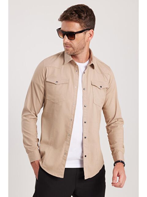 TUDORS Slim Fit Uzun Kollu Gündelik Denim Jean Erkek Taş Gömlek - S000243530-25636