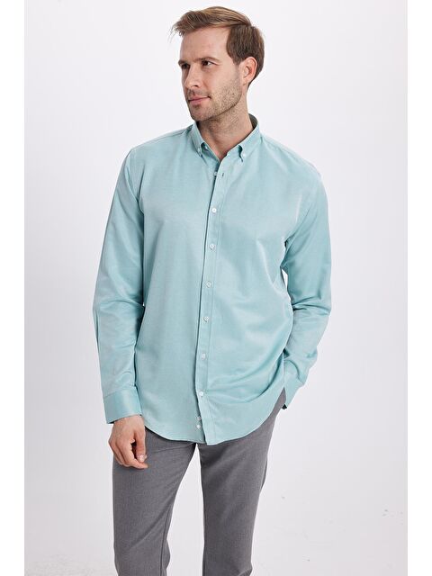 TUDORS Erkek Slim Fit Dar Kesim Pamuklu Kolay Ütü Yeşil Düğmeli Yaka Gömlek - S000371926-18194