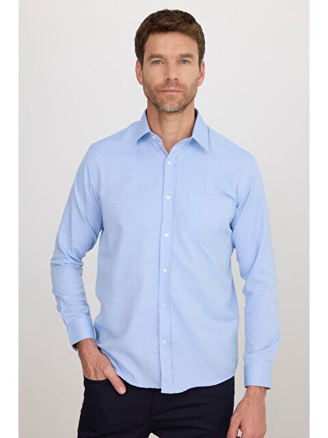 TUDORS Erkek Regular Fit Klasik Kesim Spor Yaka Armürlü Oxford Garnili Mavi Gömlek - S000113952-17234