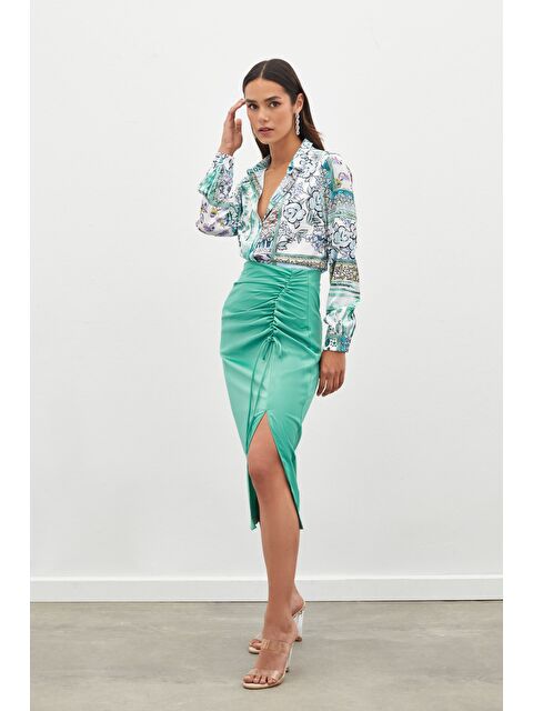 SATEEN Büzgü Detaylı Saten Etek - Mint - S000324049-1180