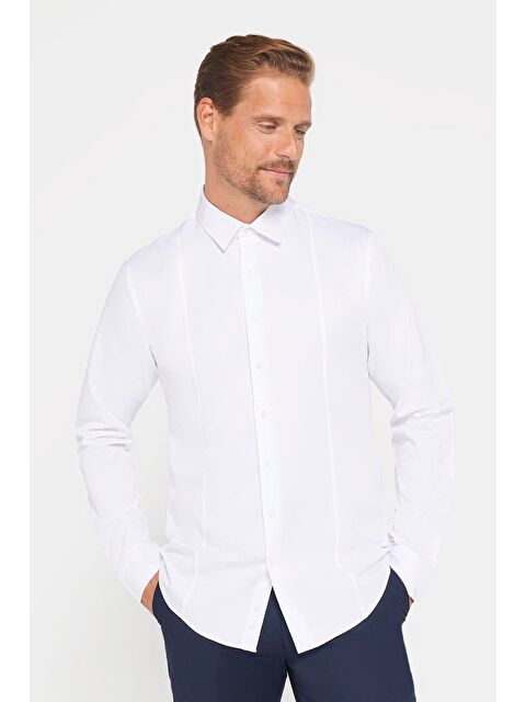 TUDORS Erkek Slim Fit Dar Kesim Uzun Kollu Pamuklu Düz Beyaz Spor Yaka Gömlek - S000200089-20063