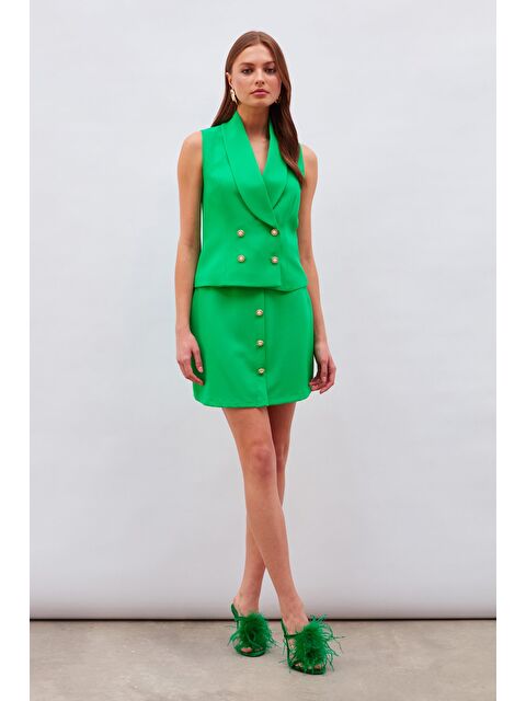 SATEEN Düğme Detaylı Mini Etek - Yeşil - S000324039-18194