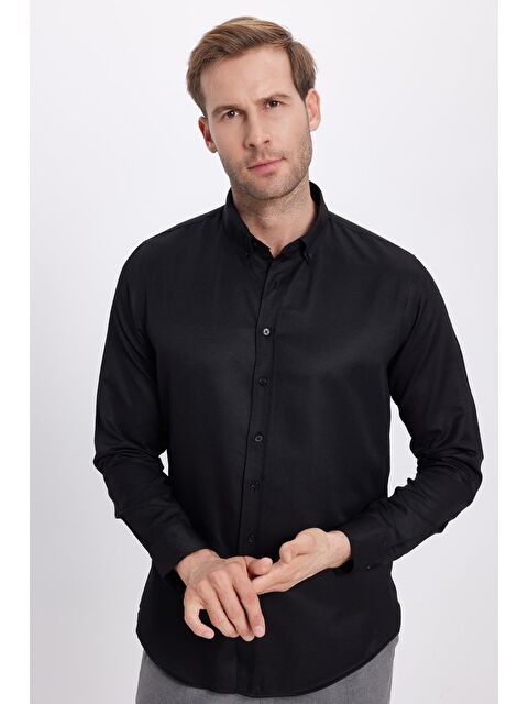 TUDORS Slim Fit Uzun Kollu Düğmeli Yaka Pamuklu Kolay Ütü Düz Erkek Gömlek - S000060663-19351