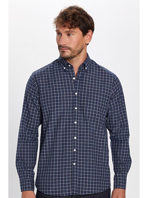 TUDORS Erkek Regular Fit Klasik Kesim Düğmeli Yaka Küçük Kareli Pamuklu Lacivert-Beyaz Gömlek - S000123926-23173