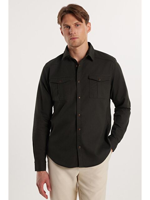 TUDORS Erkek Slim Fit Dar Kesim Uzun Kollu Denim Jean Yıkamalı Çift Cepli Haki Spor Yaka Gömlek - S000236648-18547