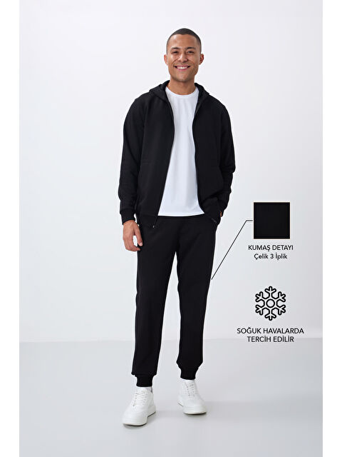Tommylife Siyah Kompakt Pamuklu Kalın Pürüzsüz Dokulu Kapüşonlu Comfort Fit Erkek Eşofman Takım   85262 - S000330156-19351