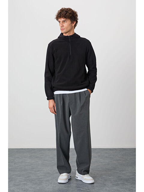 Air Jones Siyah Yarım Fermuarlı Kapüşonlu Renk Bloklu Standart Kalıp  Polar Erkek Hoodie - 88300 - S000083571-19351