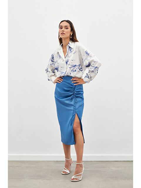 SATEEN Büzgü Detaylı Saten Etek - İndigo - S000324049-23093