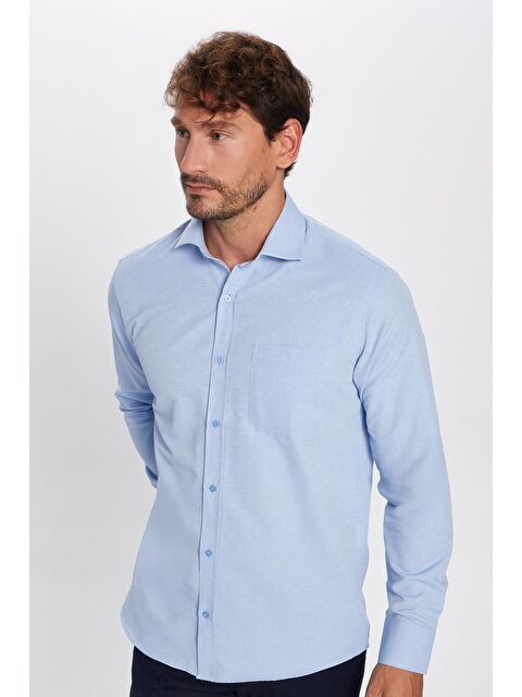 TUDORS Erkek Regular Fit Klasik Kesim Kravatlık Armürlü Mavi Gömlek - S000067519-17234