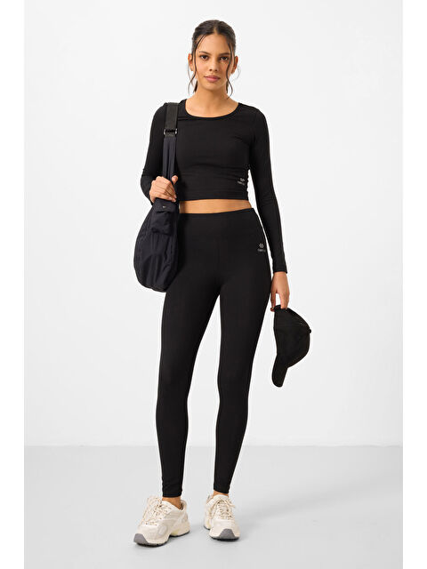 Tommylife Siyah Yüksek Bel Uzun Kollu Slim Fit Crop Top Kadın Tayt Takım - 95286 - S000032291-19351