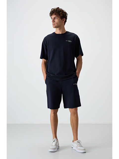 Air Jones Lacivert Pamuklu Kalın Yumuşak Dokulu  Fit Nakışlı Şortlu Takım - S000160635-21164