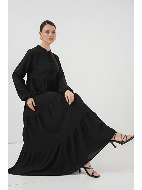Bigdart T1627 Yaka Bağcıklı Elbise - Siyah - S000119593-19351