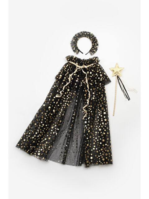 Le Mabelle Siyah Kız Çocuk Yıldızlı Pelerin Asa ve Taç Set - S000383954-19351
