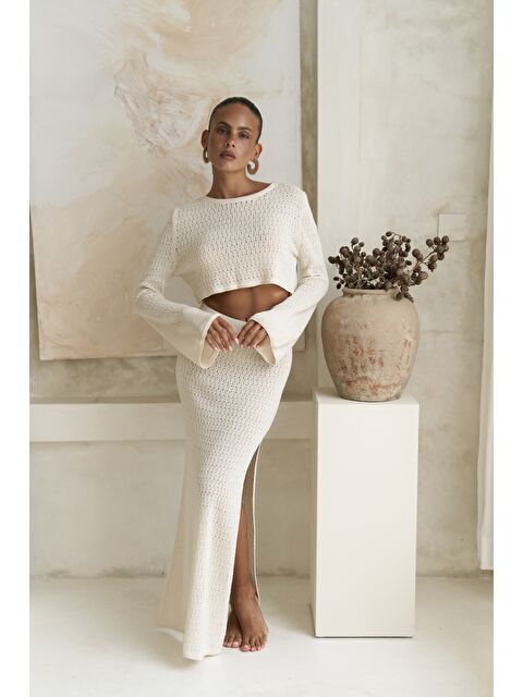 Bohemai Wayhu Bisiklet Yaka Bej Triko Crop Etek Takım - S000388212-19928