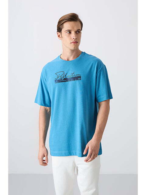Tommylife Petrol Mavi Pamuklu Kalın Yumuşak Dokulu Oversize Fit Baskılı Erkek Tişört - 88334 - S000157037-20019