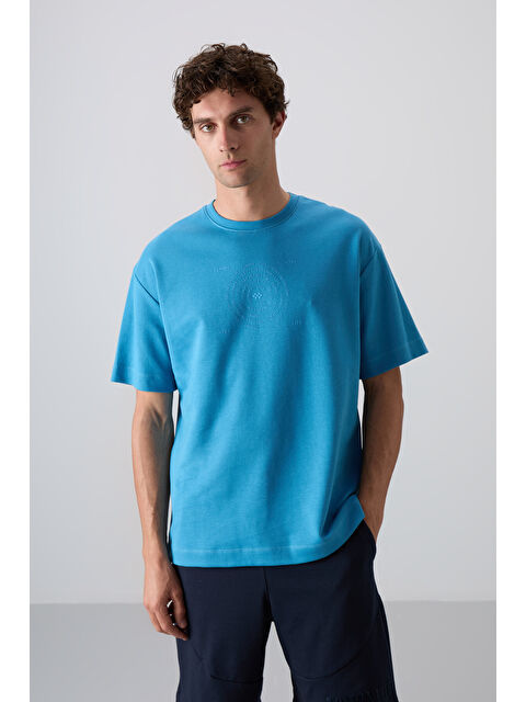 Tommylife Petrol Mavi Pamuklu Kalın Yumuşak Dokulu Oversize Fit Baskılı Erkek Tişört - 88324 - S000157055-20019
