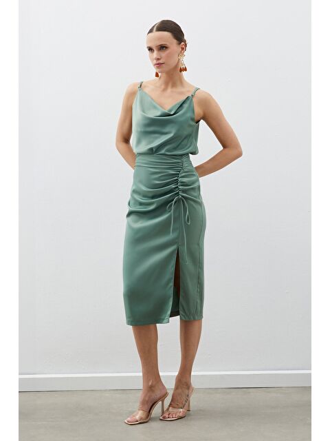 SATEEN Büzgü Detaylı Saten Etek - Haki - S000324049-18547