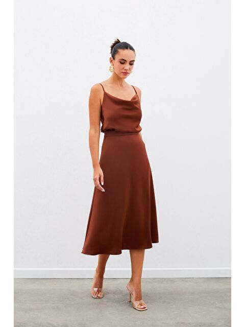 SATEEN Midi Boy Saten Etek - Kahve
