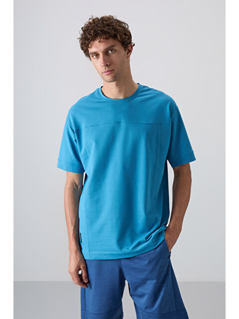 Tommylife Petrol Mavi Pamuklu Kalın Yumuşak Dokulu Oversize Fit Basic Erkek Tişört - 88349 - S000157015-20019